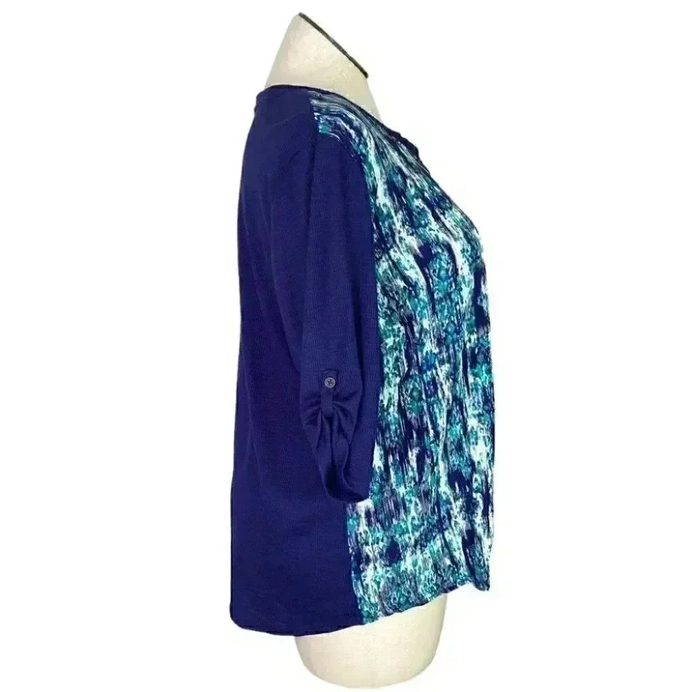 Bit & Bridle Top Women 3X Blue Geometric Cotton Blend Half Sleeve Pullover - Picture 3 of 6